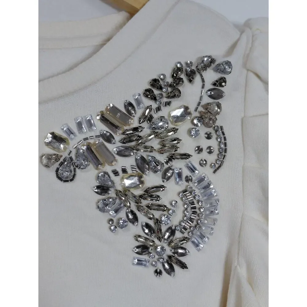 Express Puff Sleeve Rhinestone Beaded Shoulder Knit Sweater Women Size S